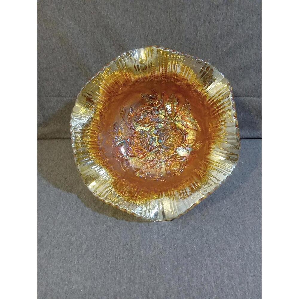 Imperial Carnival Glass Footed Bowl Lustre Orange Marigold Rose Iridescent VTG